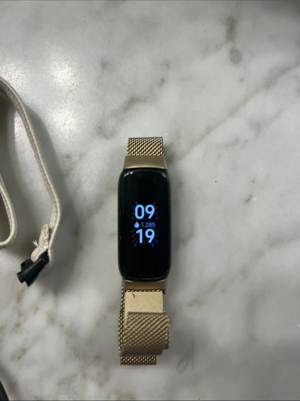 fitbit Luxe Gold with Cream Fabric Loop and Black Charger